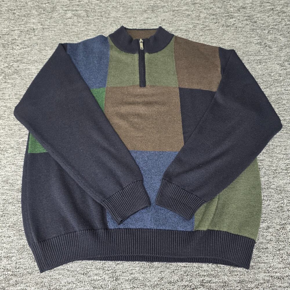 Alex Cannon Colorblock 1/4 Zip Sweater Men XXL Blue Green Tan Italian Wool Blend